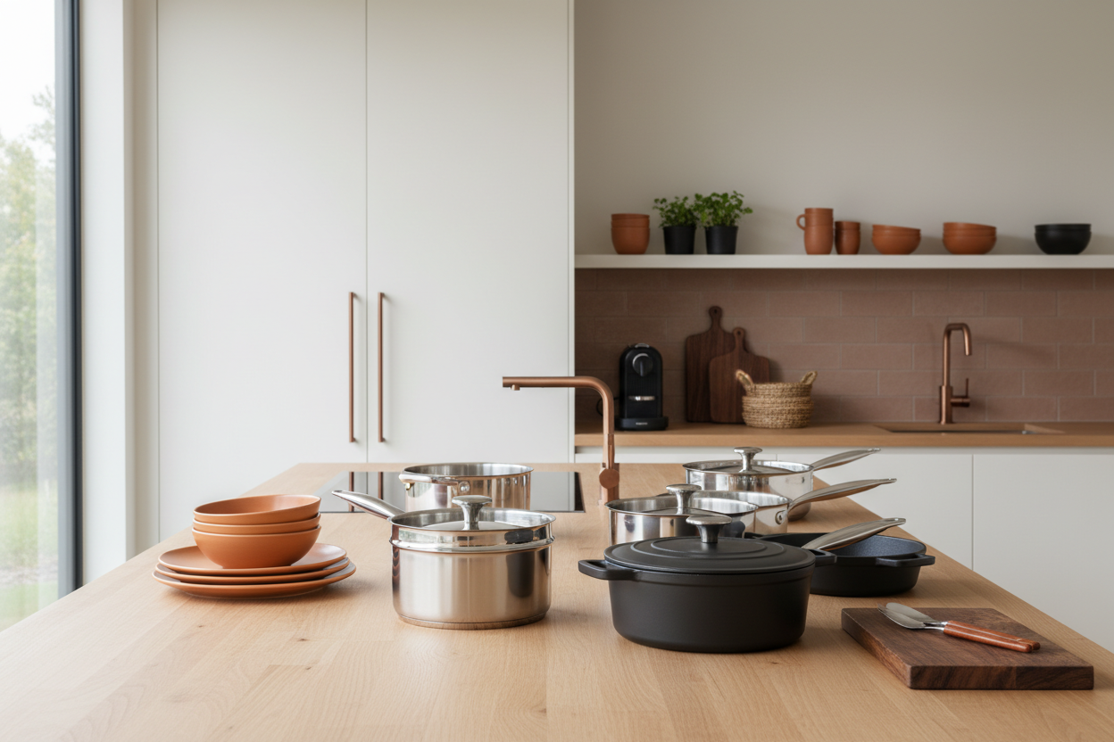 elegant modern kitchen setup, wooden countertop, high quality cookware arranged neatly, gentle natural light, accents in clay orange #C86A3A and dark brown #5A3E36, minimal shadows, clean composition, cozy home cooking mood, premium soft aesthetic, wide layout for website hero section, ultra high resolution, commercial photography style